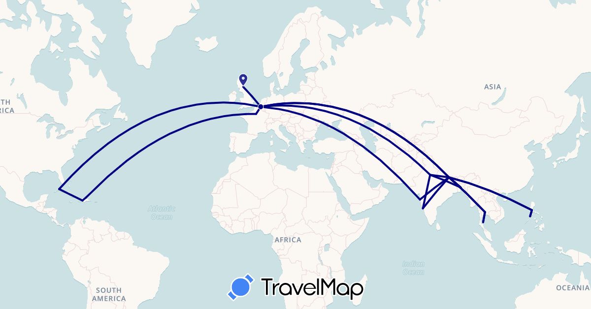 TravelMap itinerary: driving in Bangladesh, Belgium, Cuba, Dominican Republic, France, United Kingdom, Haiti, India, Nepal, Philippines, Thailand (Asia, Europe, North America)